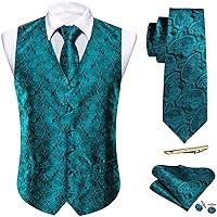 Barry.Wang Mens V-Neck Suit Waistcoat Paisley Silk Jacquard Vest Ties Clips Set Wedding Party