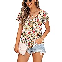Summer Tops Double Lace Sleeve Shirts for Women V Neck Loose Casual Tee Tunics