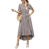 Maggeer Women 2024 Summer Spring High Low Floral Wedding Guest Dress Tie Waist Short Sleeve Maxi Dress with Pockets