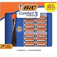 Comfort 3 Hybrid Disposable Razors for Men, 1 Handle and 16 Cartridges With 3 Blades, 17 Piece Razor Kit for Men Orange