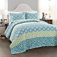 Lush Decor Bohemian Stripe Reversible Cotton Quilt Set, 3 Piece Set, Full/ Queen, Blue & Green - Boho Bedding Set - Bold & Colorful - Striped Quilt - Maximalist & Boho Bedroom Decor
