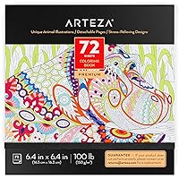Arteza Coloring Book for Adults, 6.4 x 6.4 Inches, 72 Sheets, Animal Designs, Detachable Pages, Gray Outlines, 100 lb Paper, Art Supplies for Anxiety, Stress Relief, and Relaxing