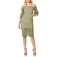 Women's Floral LACE Off The Shoulder Bell Sleeve MIDI Sheath Dress, Yellow, XL