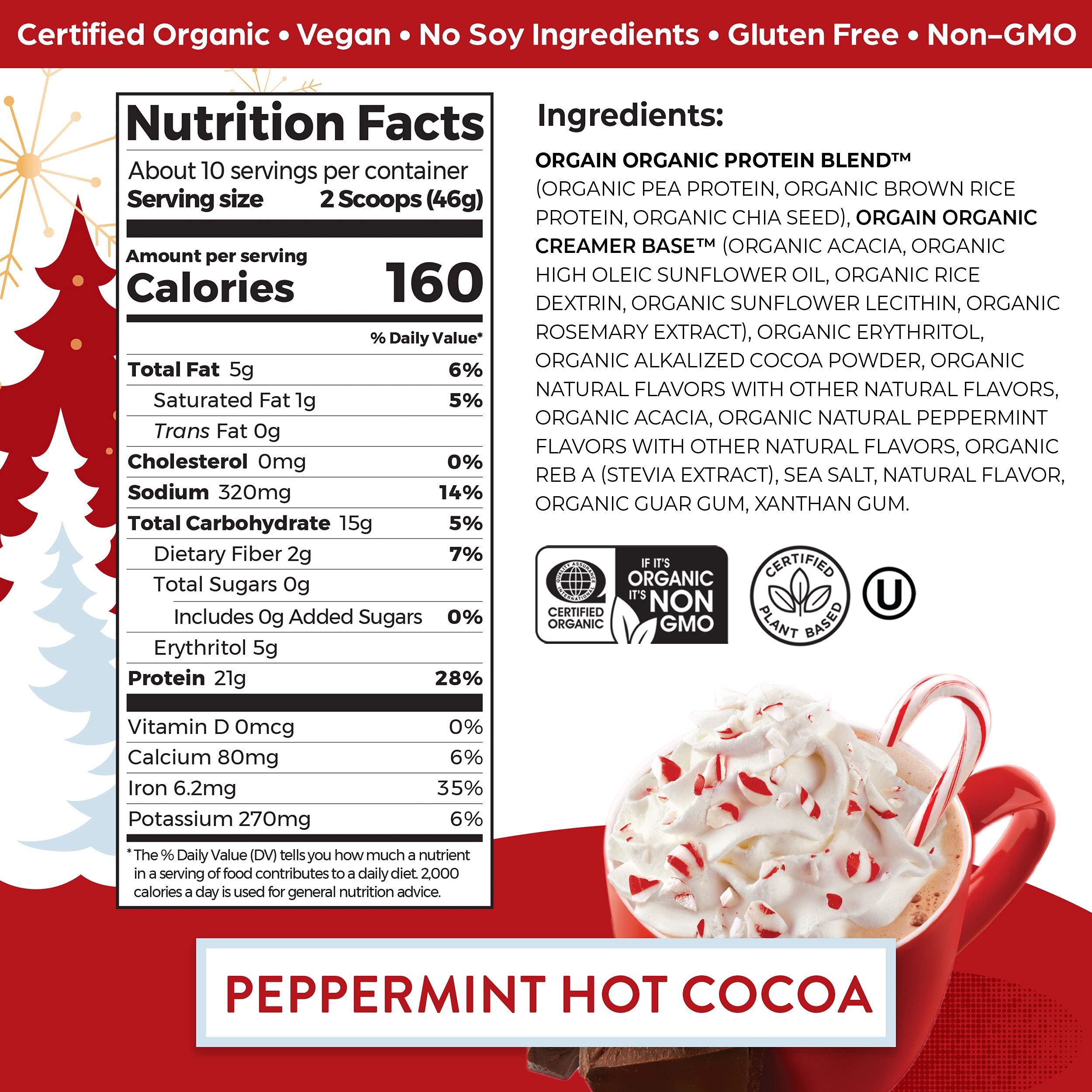 Orgain Organic Vegan Protein Powder, Holiday Peppermint Hot Cocoa - 21g Plant Based Protein, Gluten Free, Dairy Free, Lactose Free, Soy Free, No Sugar Added, Kosher, For Smoothies & Shakes - 1.02lb