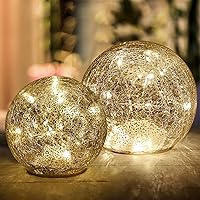 2 Pack (5.7 in & 4.5 in) Mercury Cracked Glass Globe Lights Home Decorative Sphere Night Light Battery Operated Ball lamp for Christmas Livingroom Wedding Decor Birthday Present Warm White
