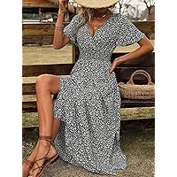 Dresses for Women - Ditsy Floral Print Surplice Neck Butterfly Sleeve Split Thigh Dress (Color : Black and White, Size : X-Large)