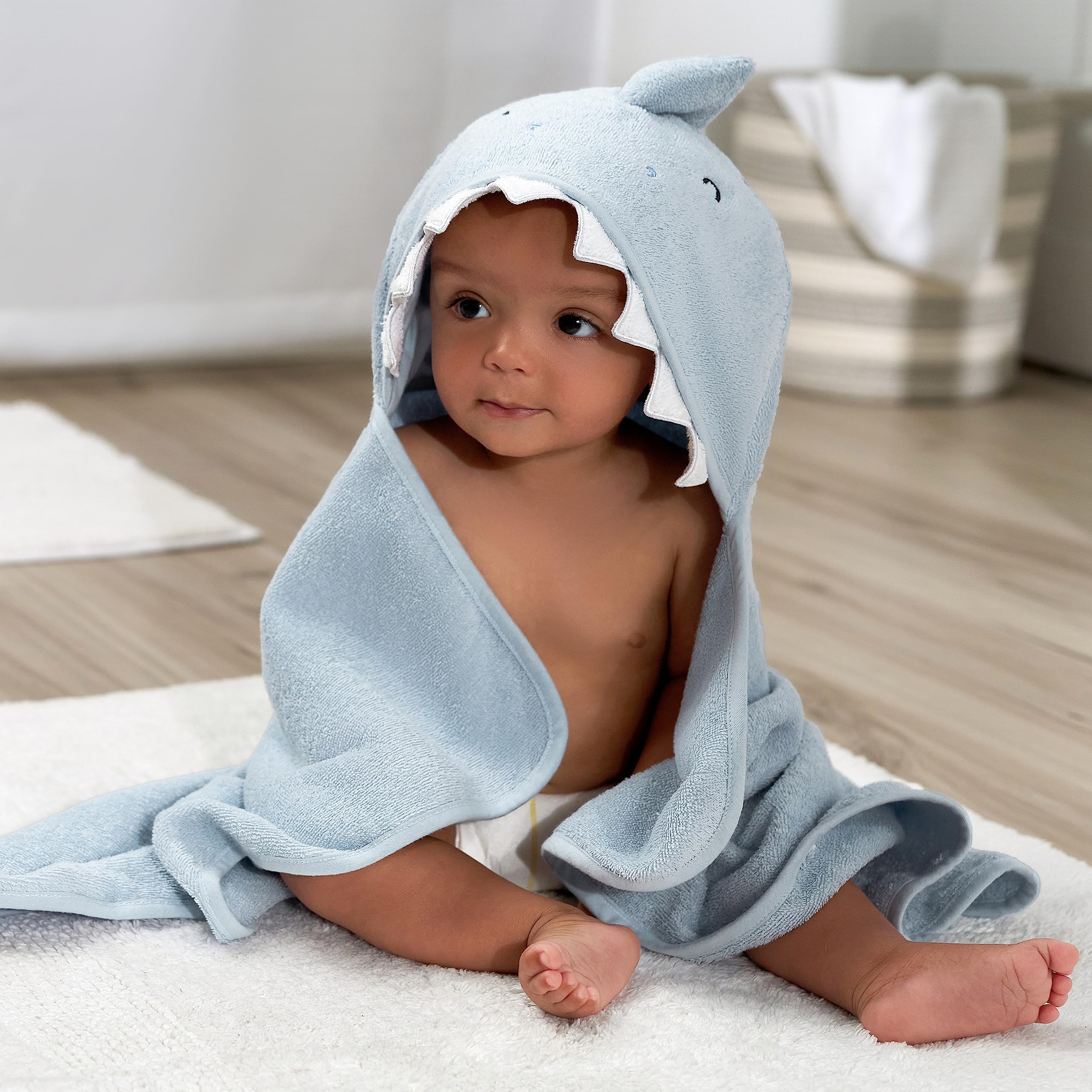 Gerber Baby 4 Piece Animal Character Hooded Towel and Washcloth Set, Blue Shark, One Size