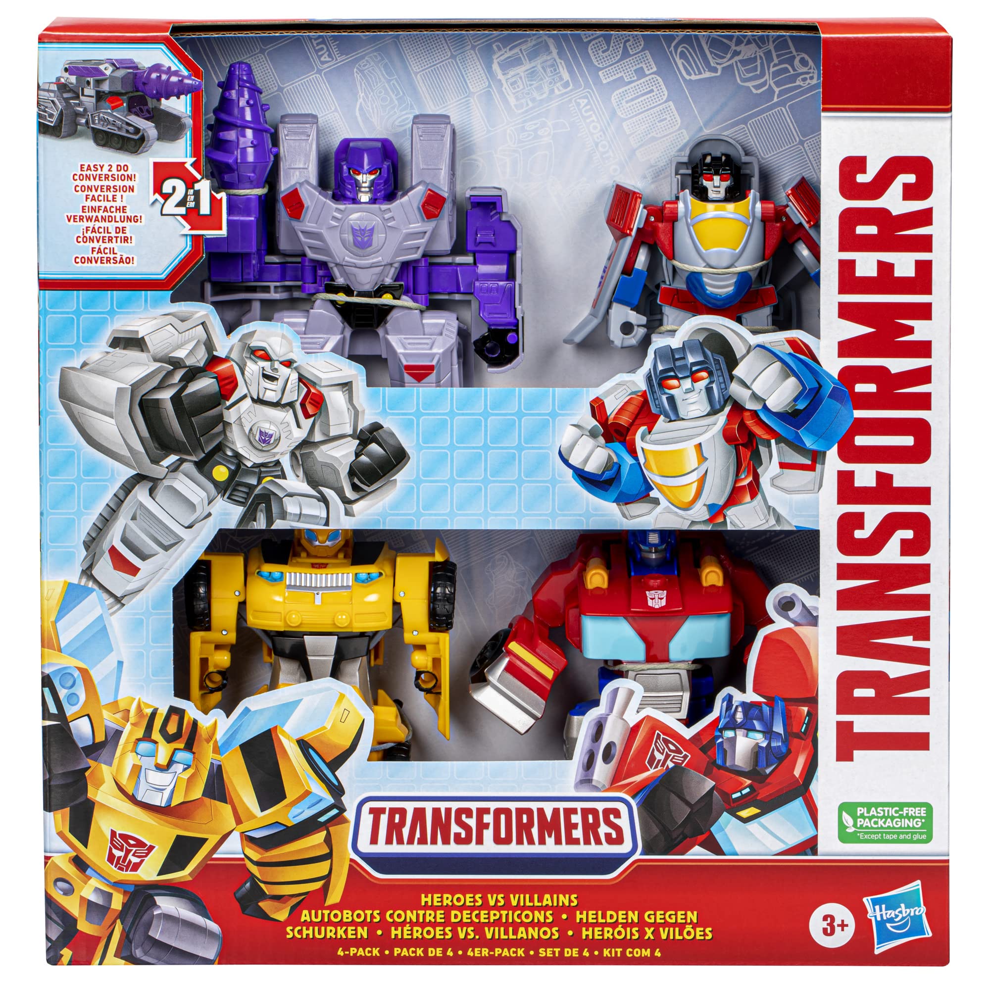 Transformers Toys Heroes vs Villains 4-Pack, Autobot and Decepticon 4.5-Inch Action Figures, Preschool Robot Toys for Kids Ages 3 and Up