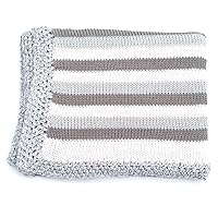 Knitted Hand Crochet Finished White Cotton Blue Grey Stripes Baby Blanket