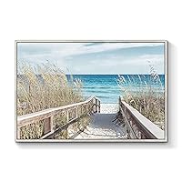 Beach Artwork Seascape Wall Art: Seaside Framed Painting Fence Pathway Picture Print on Wrapped Canvas for Living Room (36''W x 24''H, Multiple Sizes)