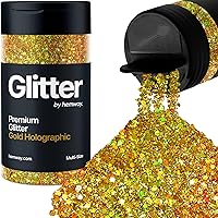 Hemway Gold Holographic 5 Size Glitter Mix 120g/4.2oz Fine Chunky Metallic Resin Craft Multi-Size Glitter Flake Sequin Shaker for Epoxy, Hair Face Body Eye Nail Art Festival, DIY Party Decorations