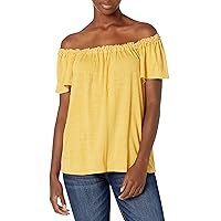 Max Studio Women's On/Off Shoulder Cap Sleeve Crinkled Knit Jersey Top with Tonal Stitch