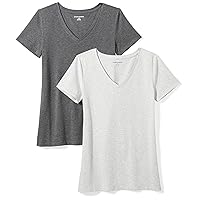 Amazon Essentials Women's Classic-Fit Short-Sleeve V-Neck T-Shirt, Pack of 2, Charcoal Heather/Light Grey Heather, X-Small