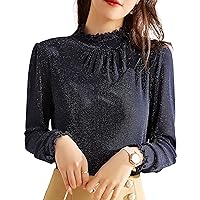 Bright Silk Mesh Tops for Women, Fashion Mock Neck Semi Sheer Long Sleeve Lace Patchwork Blouses Elegant Work Shirts