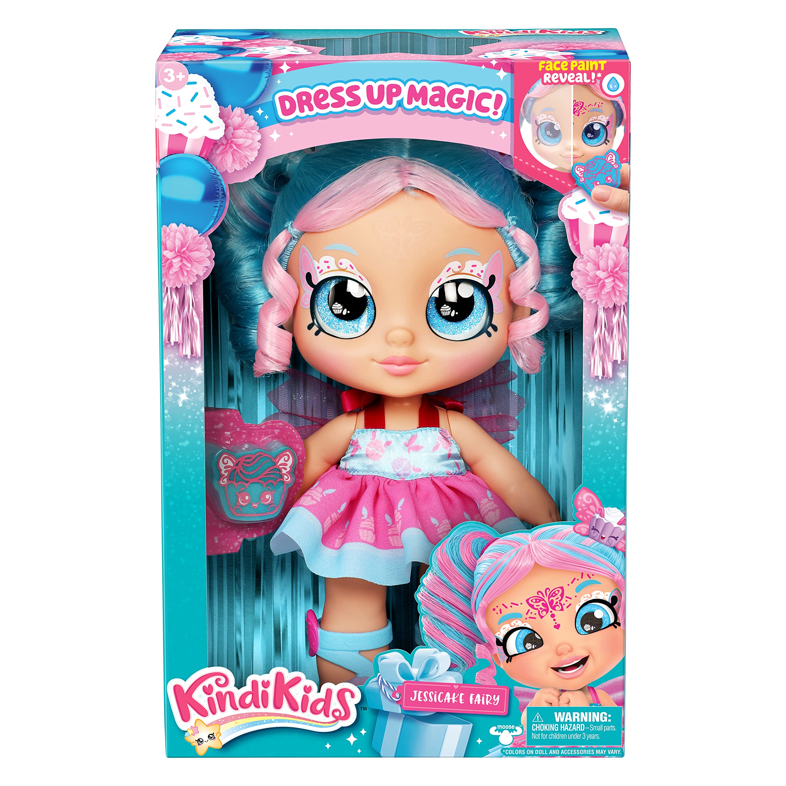 Kindi Kids 50243 Dress Jessicake Fairy Toddler face Paint Reveal, 1 Doll with Magic Sponge, Big Glittery Eyes, Changeable Clothes and Removable Shoes