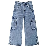 KIDSCOOL SPACE Girls' Cargo Jeans with Flap Pocket, Wide Leg and Split Hem Boyfriend Denim Pants