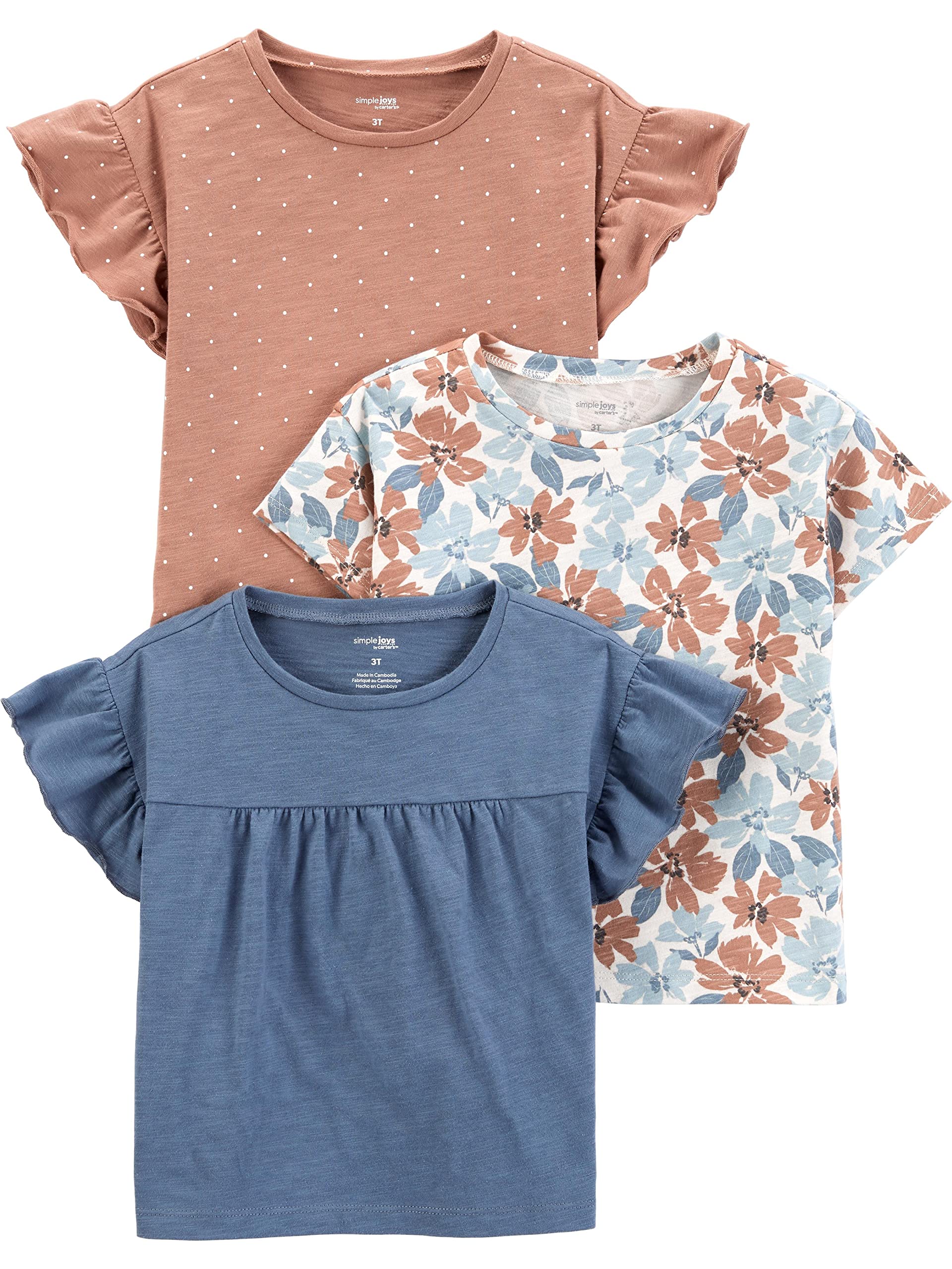 Simple Joys by Carter's Toddler Girls' Short-Sleeve Shirts, Pack of 3, Brown Dots/Denim/White Floral, 4T