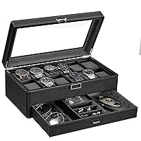 BEWISHOME 12 Watch Box with Valet Drawer, Luxury Watch Case Jewelry Organizer, Leather Watch Organizer for Men Women, Real Glass Top, Metal Hinge, Black SSH02L