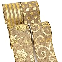 Ribbli 4 Rolls Christmas Wired Ribbon,Burlap Ribbon with Gold Pattern,Christmas Ribbon 2.5 Inch Total 20 Yard, Snowflake/Swirl/Dot/Stripe Christmas Ribbon for Crafts, Big Bow,Gift Wrapping, Wreath