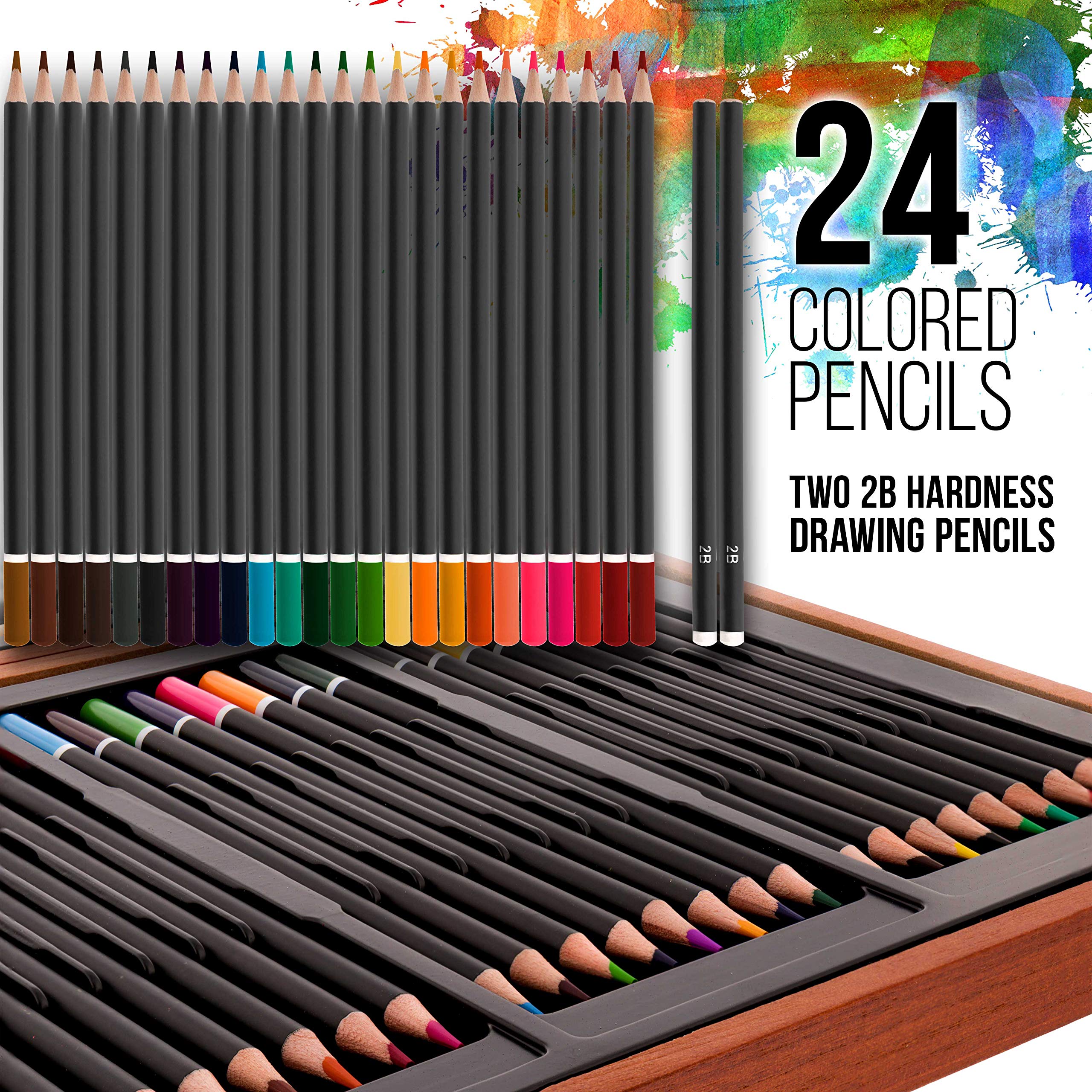U.S. Art Supply 103-Piece Deluxe Art Creativity Set in Wooden Case with Wood Desk Easel - Artist Painting Pad, 2 Sketch Pads, 24 Watercolor Paint Colors, 17 Brushes, 24 Colored Pencils, Drawing Kit