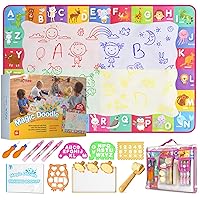 Water Doodle Mat - for Kids 60x40 Inch Water Drawing Canvas - Fun and Educational Alphabet Aqua Magic Coloring Pad with Brushes, Stamps, Stencils, Carry Case - Reusable, Mess Free, Non Toxic