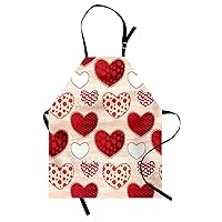 Lunarable Love Apron, Love Valentine's Day Patchwork Warm Colors Polkadots Striped Background, Unisex Kitchen Bib with Adjustable Neck for Cooking Gardening, Adult Size, Scarlet White