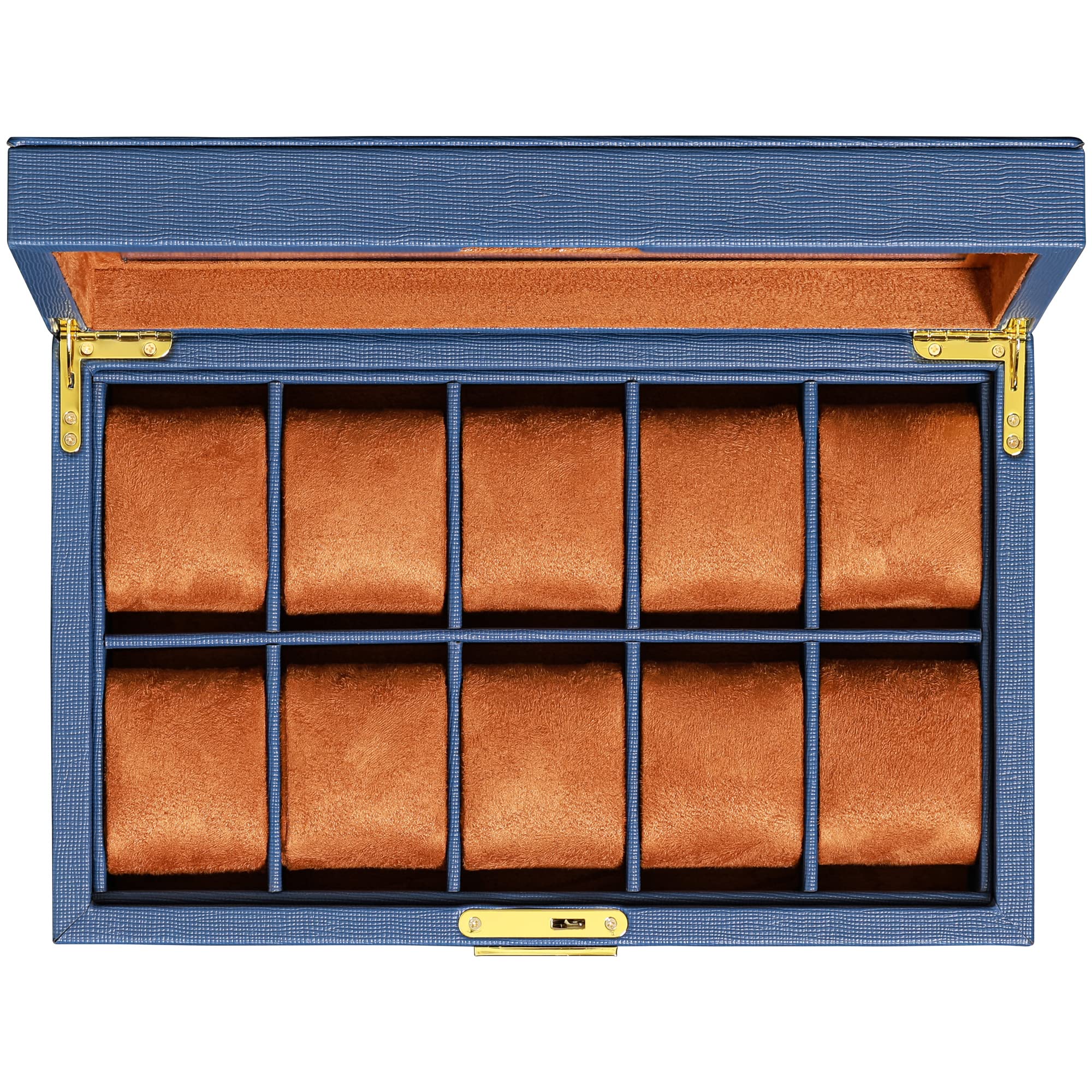 ROTHWELL Gift Set 10 Slot Leather Watch Box & Matching 5 Watch Travel Case - Luxury Watch Case Display Organizer, Locking Mens Jewelry Watches Holder, Men's Storage Boxes Glass Top Blue/Tan