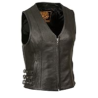 Womens Leather V-Neck Zip Front Side Buckle Vest Black