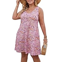 Women Plus Size V Neck Sleeveless Floral Print Pocket T Shirt Dresses Casual Midi Tank Dress Beach Cover up Sundress (XL-5X)