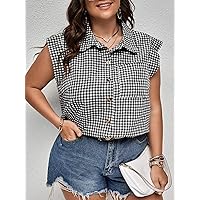 Plus Size Womens Tops Plus Gingham Patched Pocket Sleeveless Shirt (Color : Black and White, Size : 0XL)