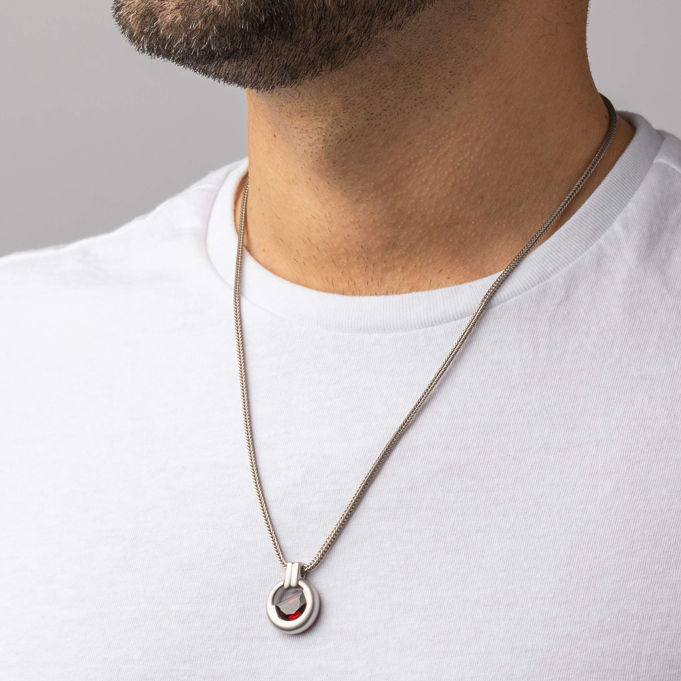 Peora Garnet Amulet Pendant Necklace for Men in Sterling Silver, 4.50 Carats Half Moon Shape, Brushed Finished, with 22-Inch Italian Chain