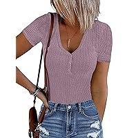 MEROKEETY Women's Short Sleeve V Neck Ribbed Bodysuits Button Down Slim Fit Basic Knit Body Suits