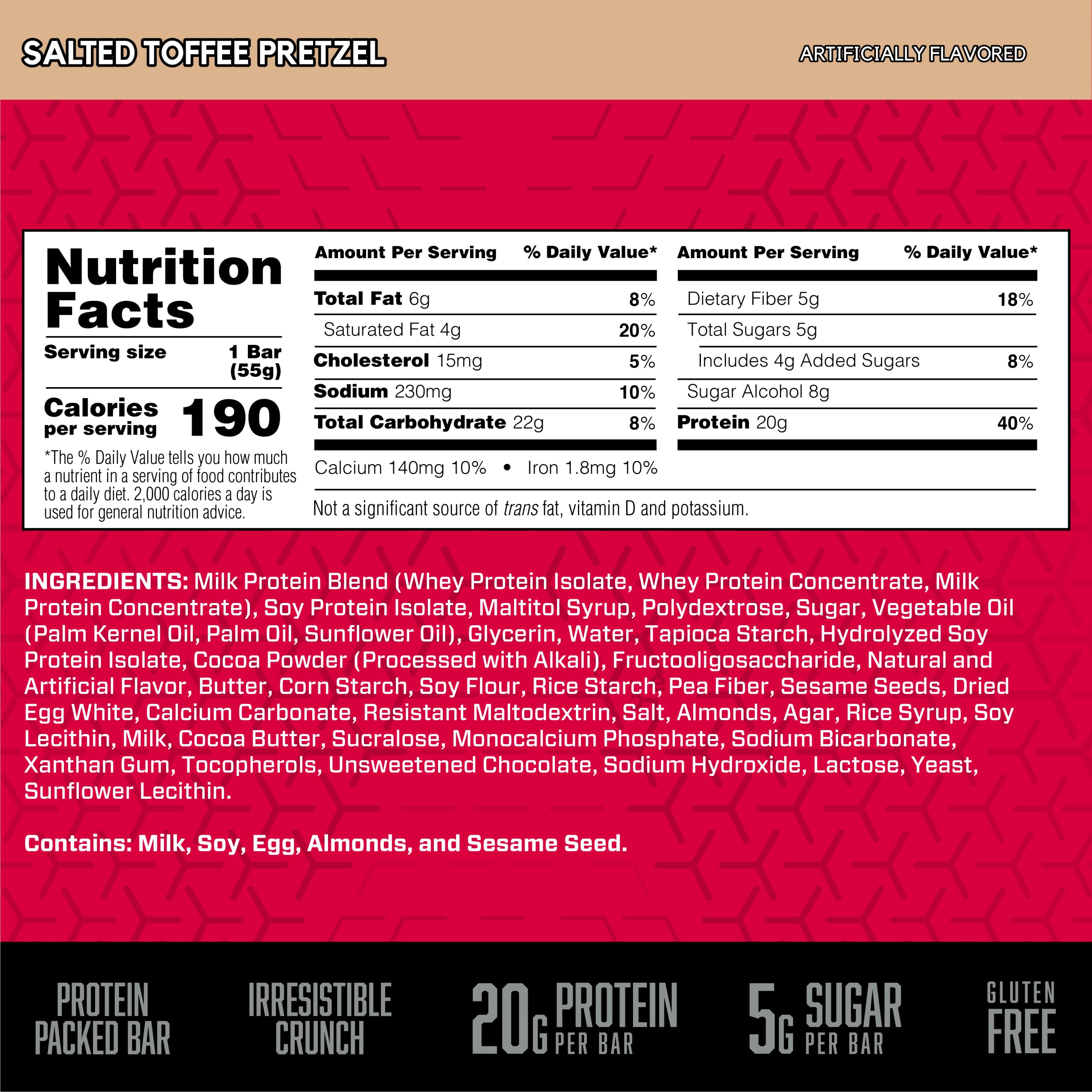 BSN Protein Bars - Protein Crisp Bar by Syntha-6, Whey Protein, 20g of Protein, Gluten Free, Low Sugar, Salted Toffee Pretzel, 12 Count