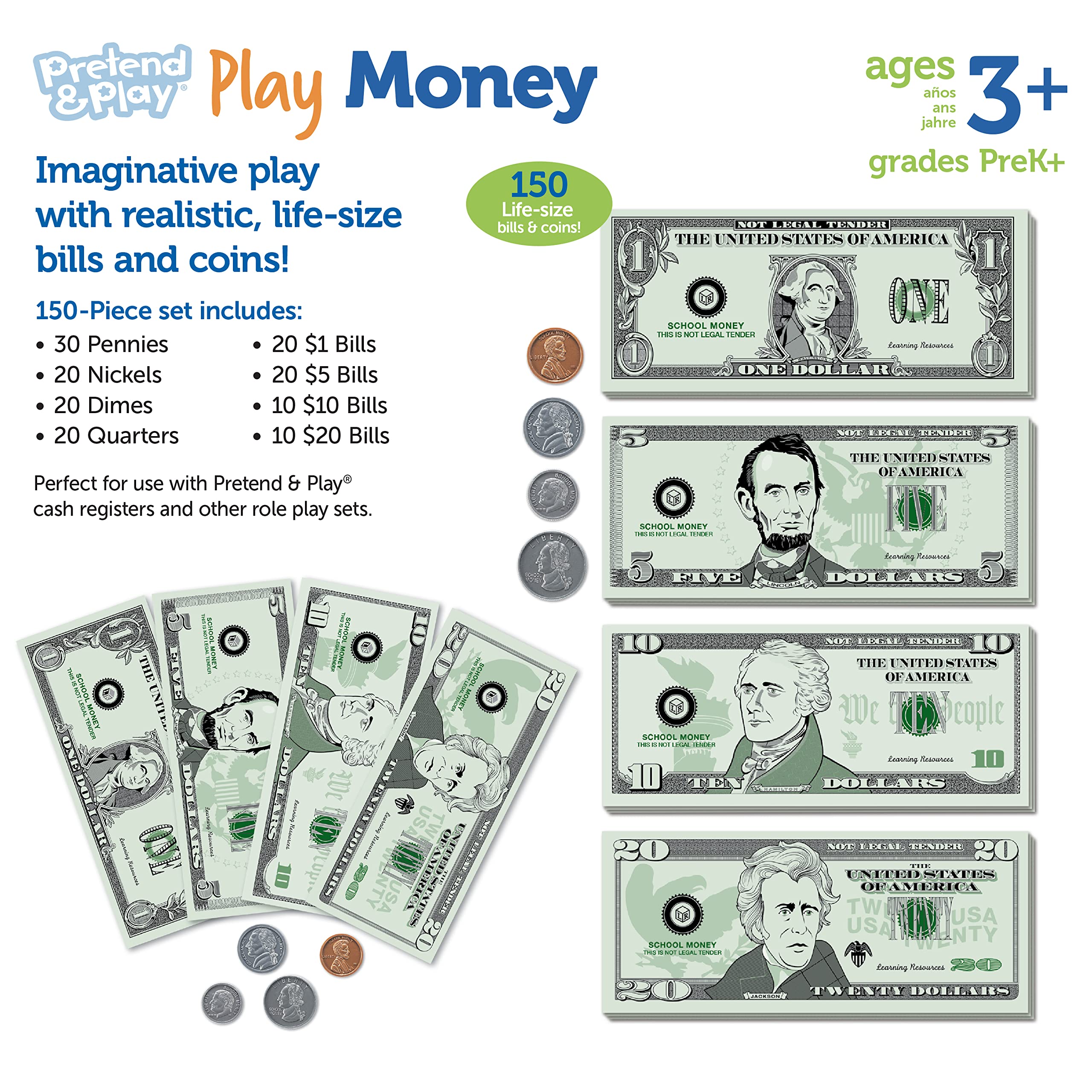 Learning Resources Pretend Play Money - 150 Pieces, Ages 3+ Play Money for Kids, Pretend Money for Kids, Play Money Set, Money and Banking Play Toys, Toddler Learning Toys,Back to School