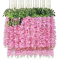 U'Artlines 12 Pack (Total 43.2 Feet) Artificial Fake Wisteria Vine Rattan Hanging Garland Silk Flowers String Home Party Wedding Decor (12, Pink)