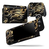 Compatible with Nintendo Switch OLED Console Bundle - Skin Decal Protective Scratch-Resistant Removable Vinyl Wrap Cover - Black & Gold Marble Swirl V7