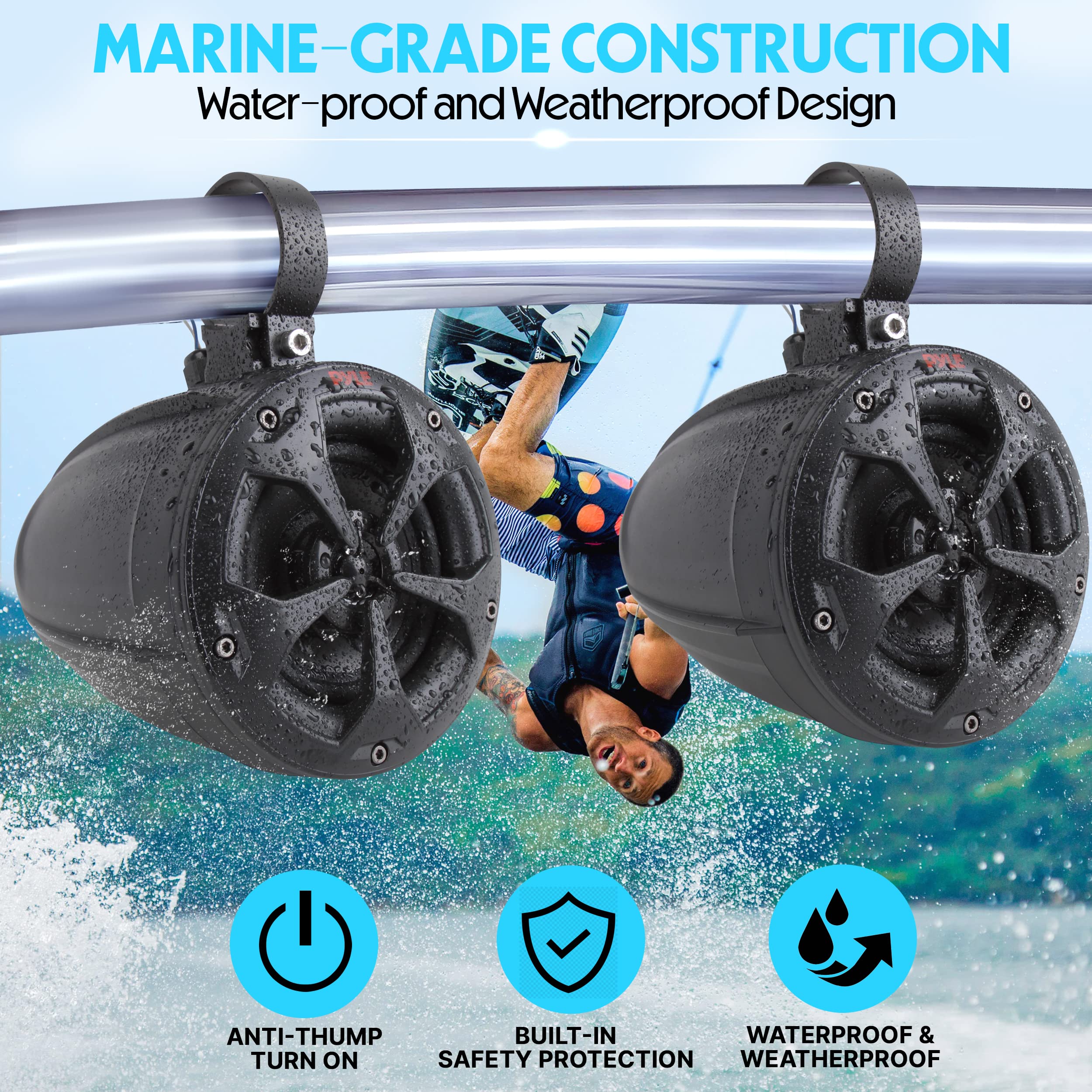 Pyle 2-Way Dual Bluetooth Off-Road Speakers - 4 Inch 800W Marine Waterproof Wakeboard, Full Range Outdoor for ATV, Snow Mobile UTV, Quad, Jeep, Boat PLUTV46BTA, Black