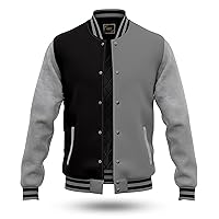 RELDOX Brand Varsity Jacket, Wool Body with Leather Arms Letterman Baseball Unique & Stylish Color Royal Black & Grey, Size 2XL