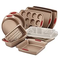 Cucina Nonstick Bakeware Set Baking Cookie Sheets Cake Muffin Bread Pan, 10 Piece, Latte Brown with Cranberry Red Grips