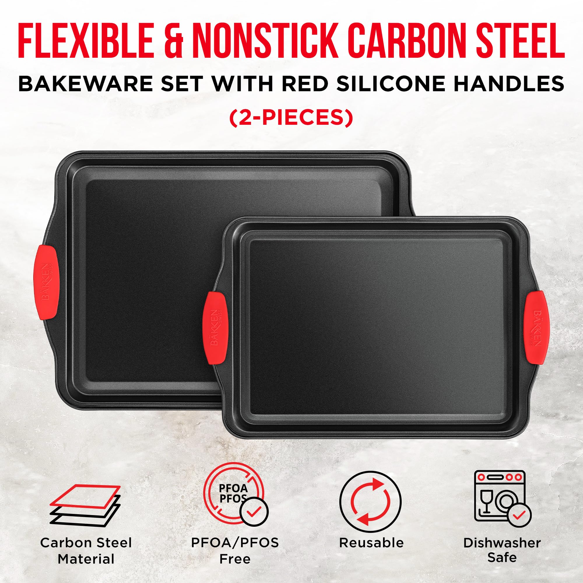 2 Piece Set Nonstick Carbon Steel Oven Bakeware -Professional Quality Kitchen Cooking Baking Trays -PFOA, PFOS, PTFE-Free Medium & Large Baking Sheet Pans with Red Silicone Handles