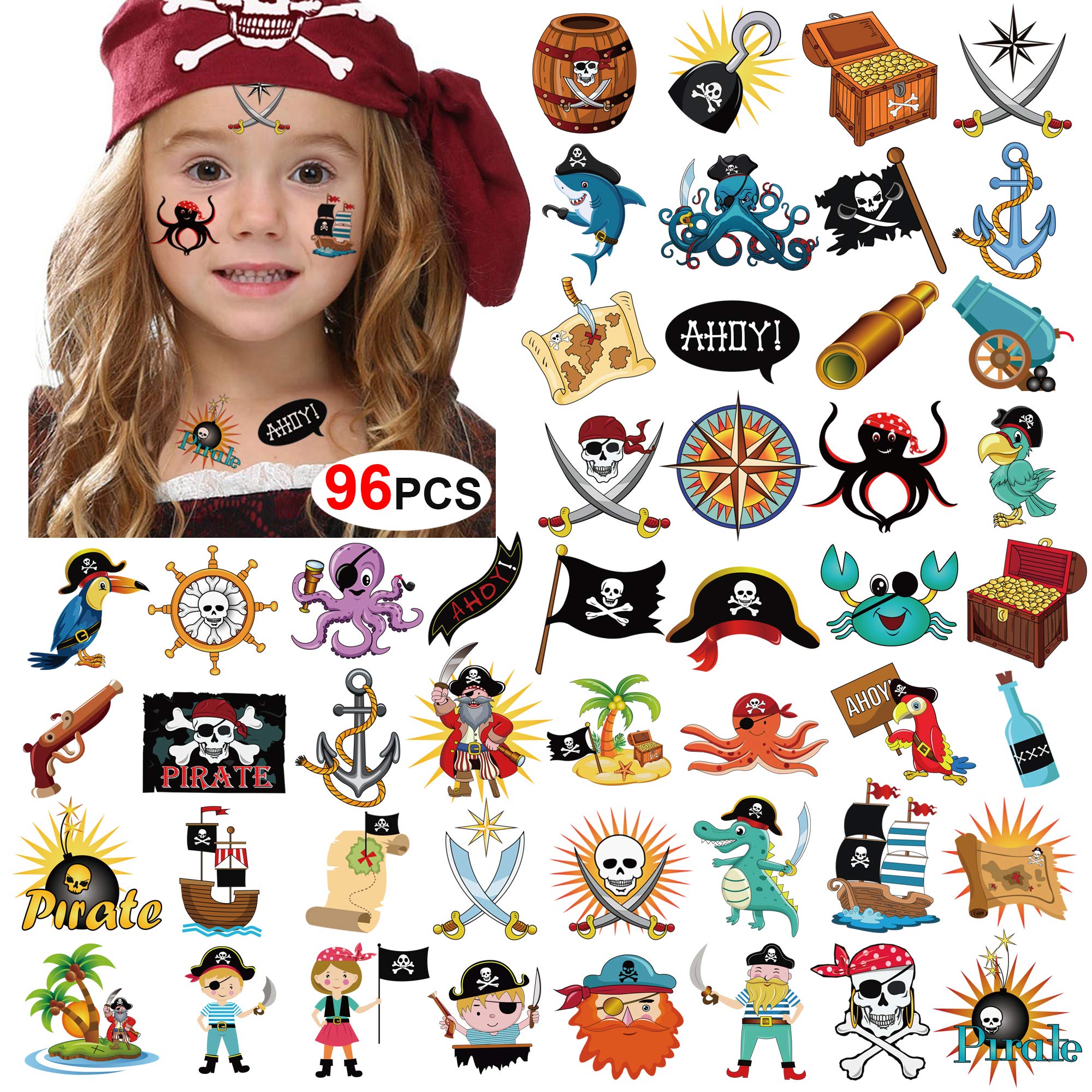 Pirate Tattoos(96Pcs), Konsait Pirate Temporary Tattoo Fake Neverland Pirated Cannon Powder Jake Captain Tattoo Body Sticker for Pirate Birthday Party Favors Supplies Kids Boys Girls Party Bag Filler