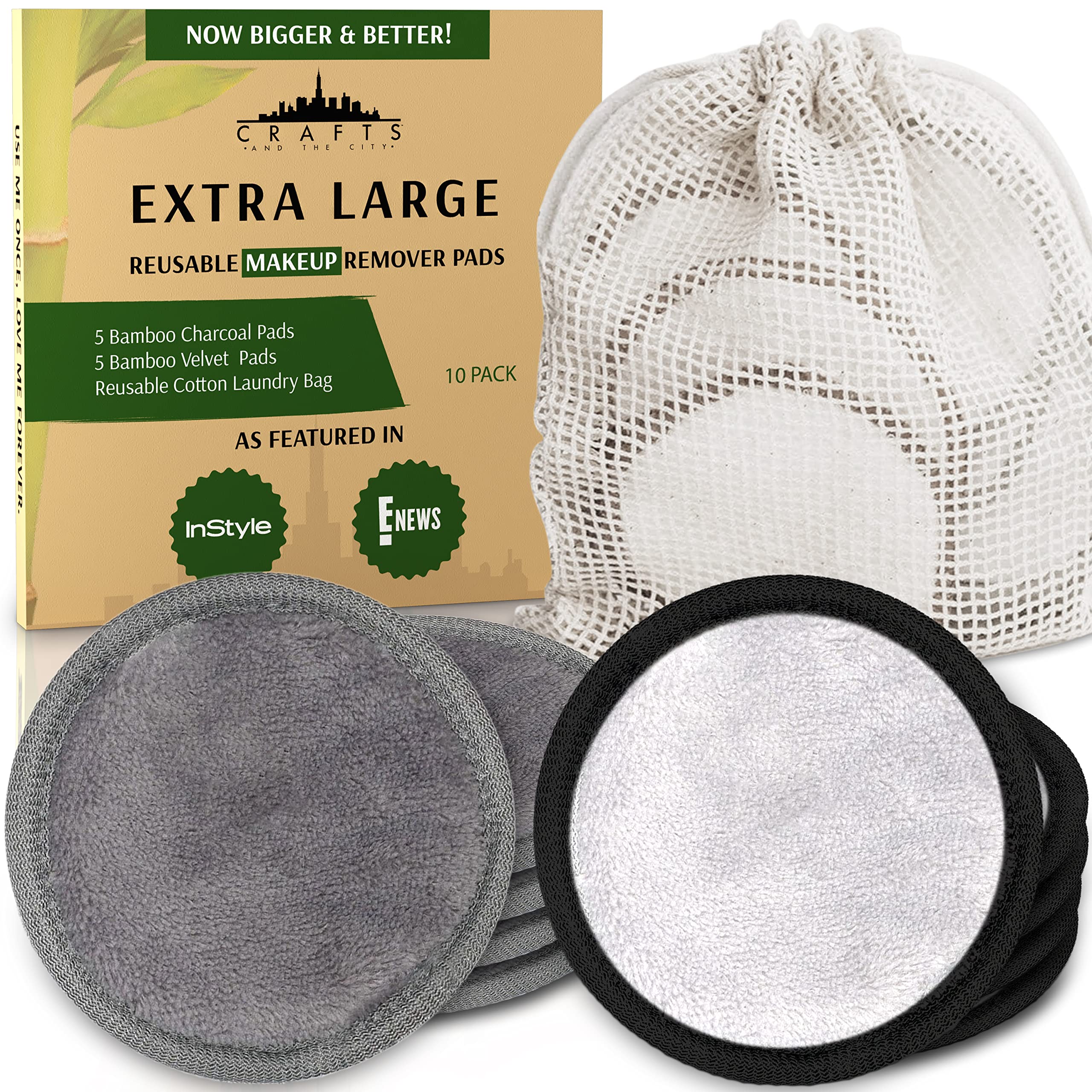 Crafts And The City XL Extra Large Reusable Cotton Pads for Face - Reusable Eye Makeup Remover Pads- Soft Bamboo Make Up Cotton Rounds with Holder-Facial Wipes -Makeup Removing Washable Pad Set of 10