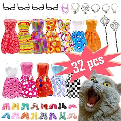 32 PCS Doll Clothes and Accessories, 10x Mix Party Dresses, 4X Glasses, 6X Necklaces, 2X Magic Wands, 10x Shoes for 11.5 inch Doll, Gifts for Girls