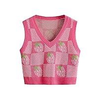 WDIRARA Women's V Neck Gingham Strawberry Pattern Sweater Vest