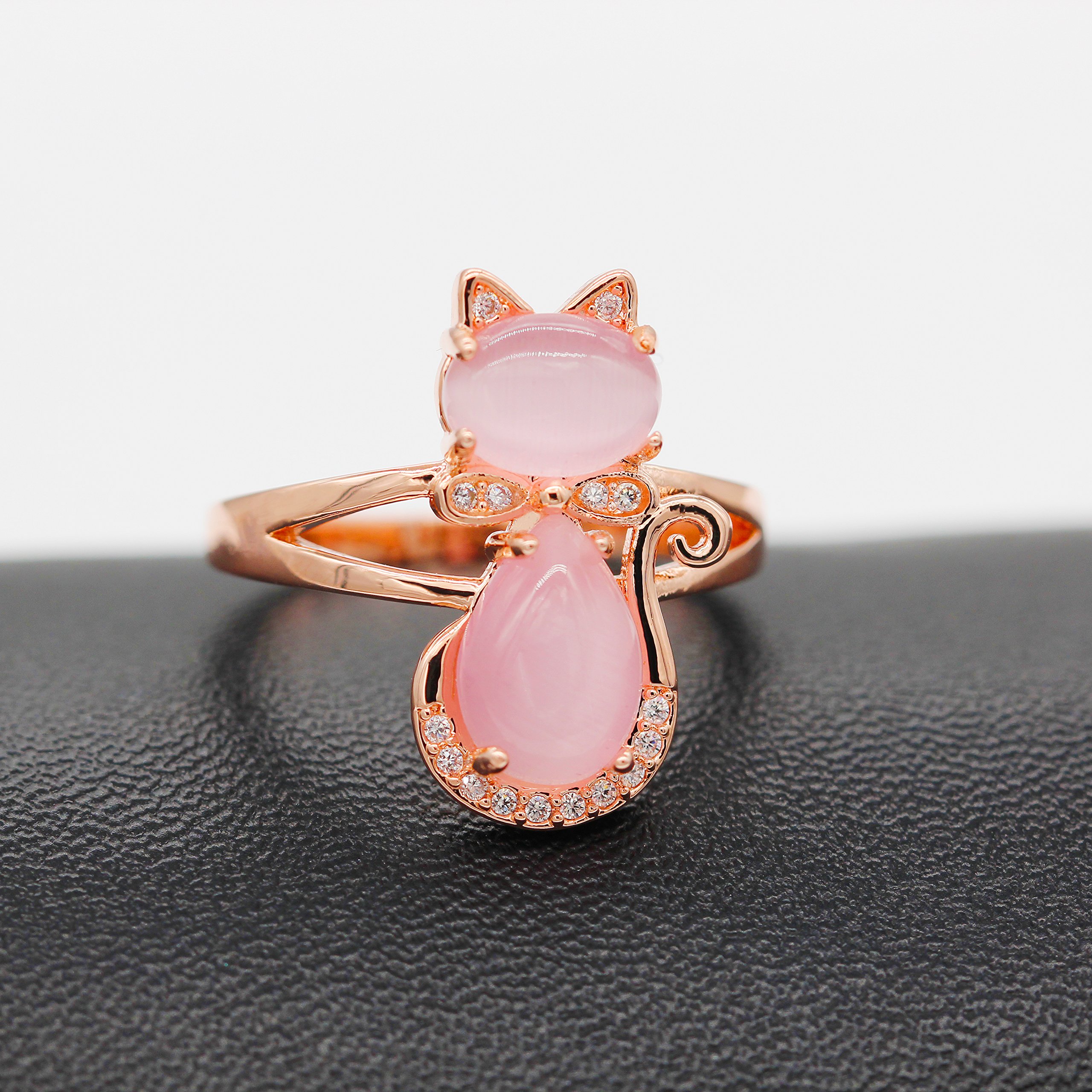 Uloveido Girl's Cute Cat Animal Jewelry Set Created Pink Opal Cat's Eye Stud Earrings Necklace Ring Y427