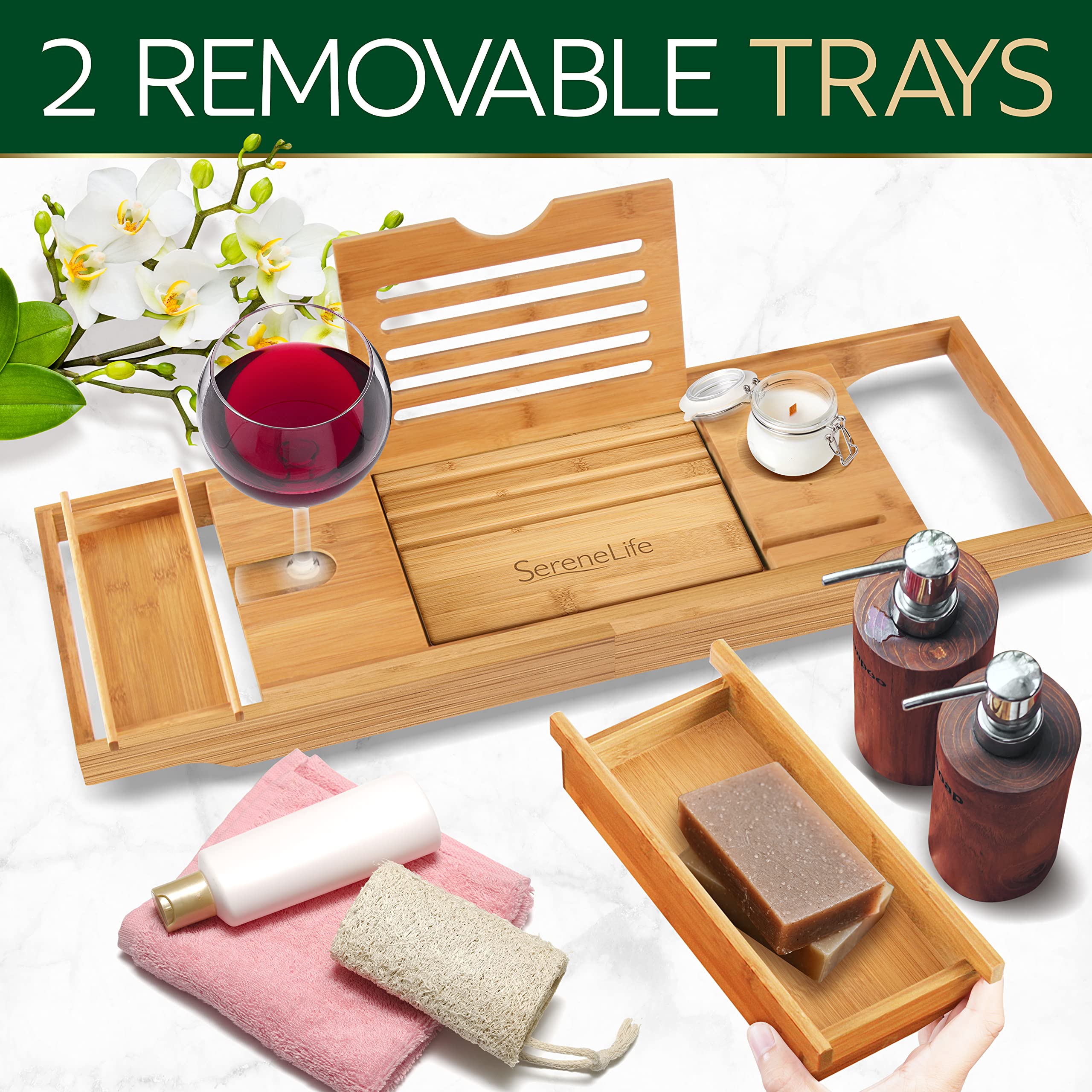 SereneLife Bath Caddy Breakfast Tray Combo with Gift Box-Natural Bamboo Wood Waterproof Bath Tub Caddy and Bed Tray with Folding Slide-Out Arms,Device Grooves,Wine Glass and Soap Holder