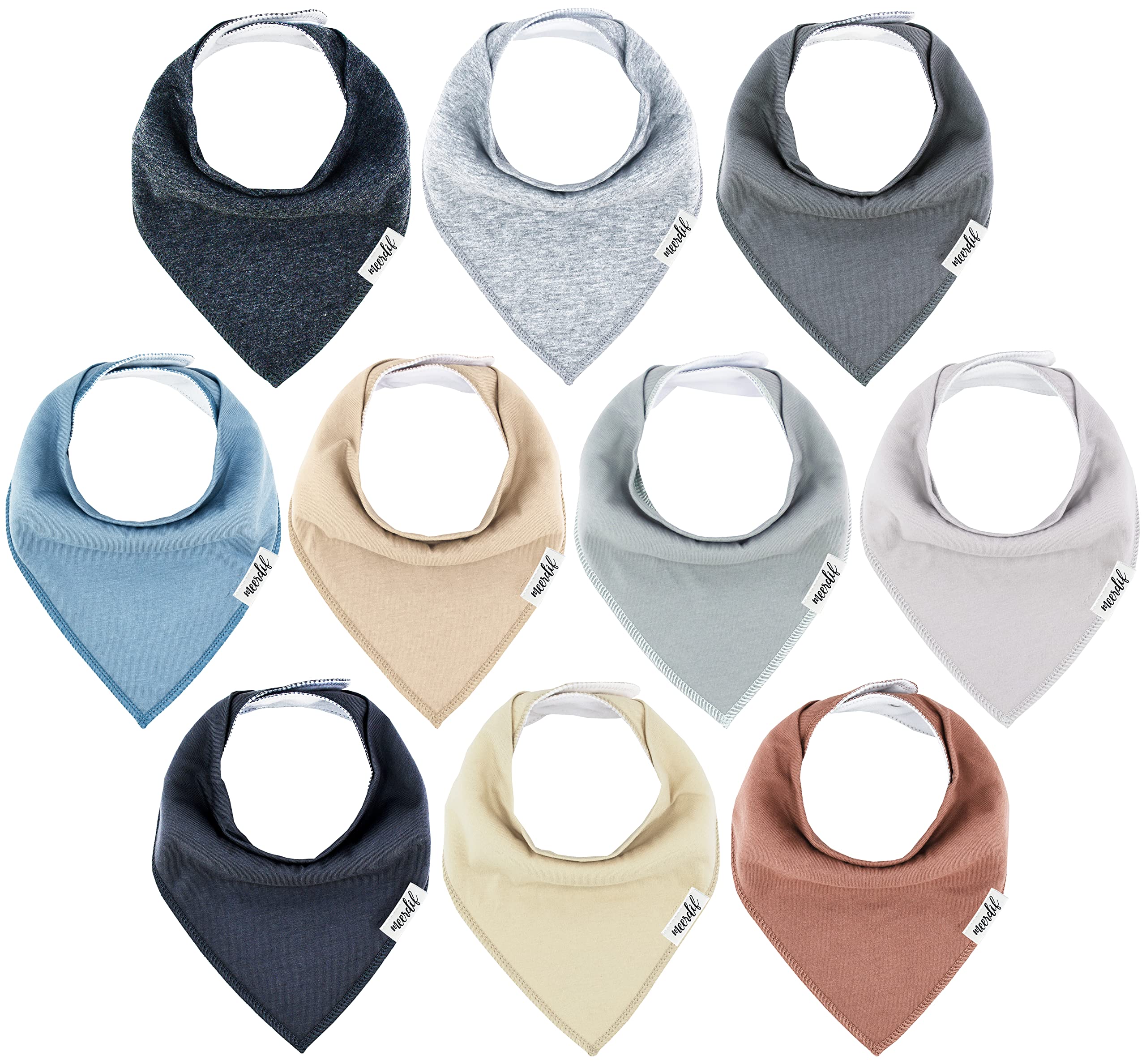 Meerdif 100% Organic Cotton Neutral Solid 10-Pack Baby Drool Bandana Bibs for Boys and Girls, Unisex Plain Colors for Teething and Drooling.