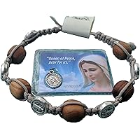 St Saint Benedict Beige Olive Wood Mens/Woman Gift Bracelet from Medjugorje + Holy Card