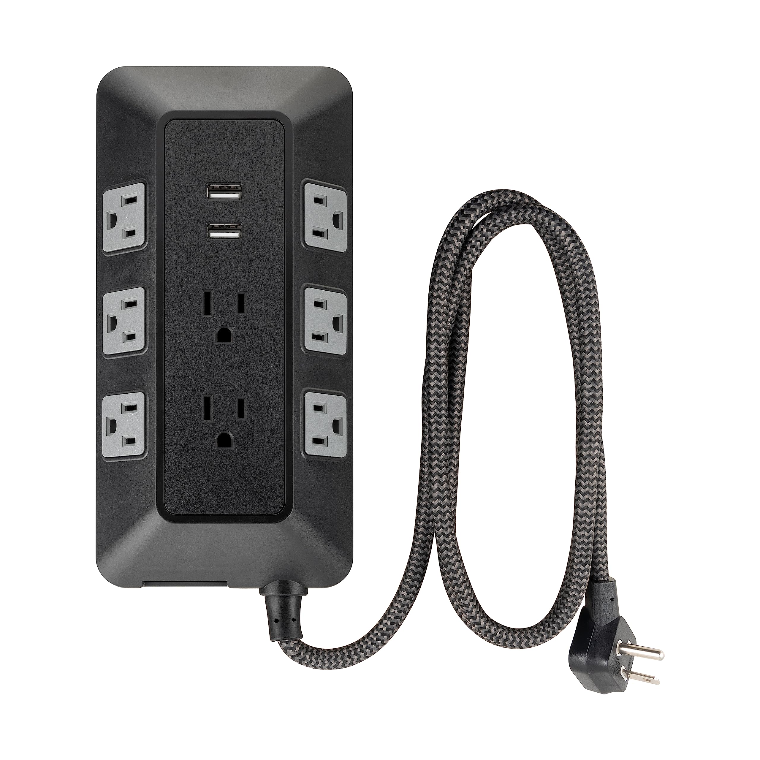 GE UltraPro Adapt 8-Outlet Surge Protector with USB Ports, 2 USB-A Ports, 2.4A, 3ft Braided Cord Power Strip Surge Protector, 1780 Joules, Black, 73776