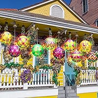 Jetec 12 Pieces 12'' Lighted PVC Mardi Gras Inflatables Ball Blow up Outdoor Mardi Gras Ornaments Purple Green Yellow Mardi Gras Decorations for Home Carnival Masquerade Party Yard Tree Hanging Decor